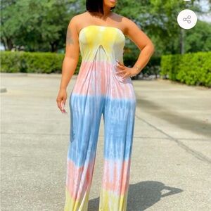 Diva Strapless Tie-Dye Jumpsuit in Yellow, Blue, and Pink